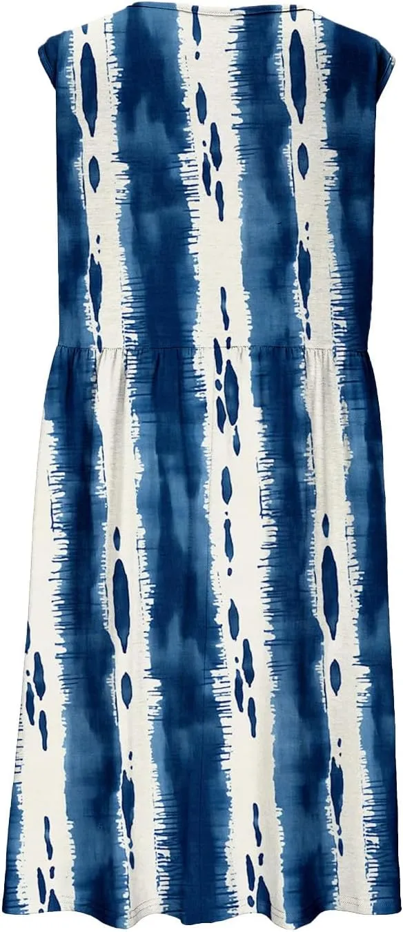 Summer Dress for Women Sleeveless Floral Beach Sundress Casual High Waist A-Line Midi Tank Dresses with Pockets
