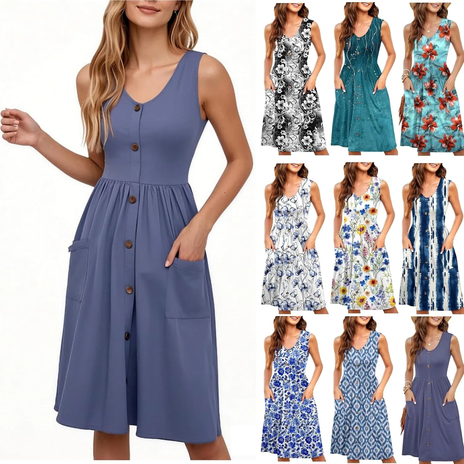 Summer Dress for Women Sleeveless Floral Beach Sundress Casual High Waist A-Line Midi Tank Dresses with Pockets
