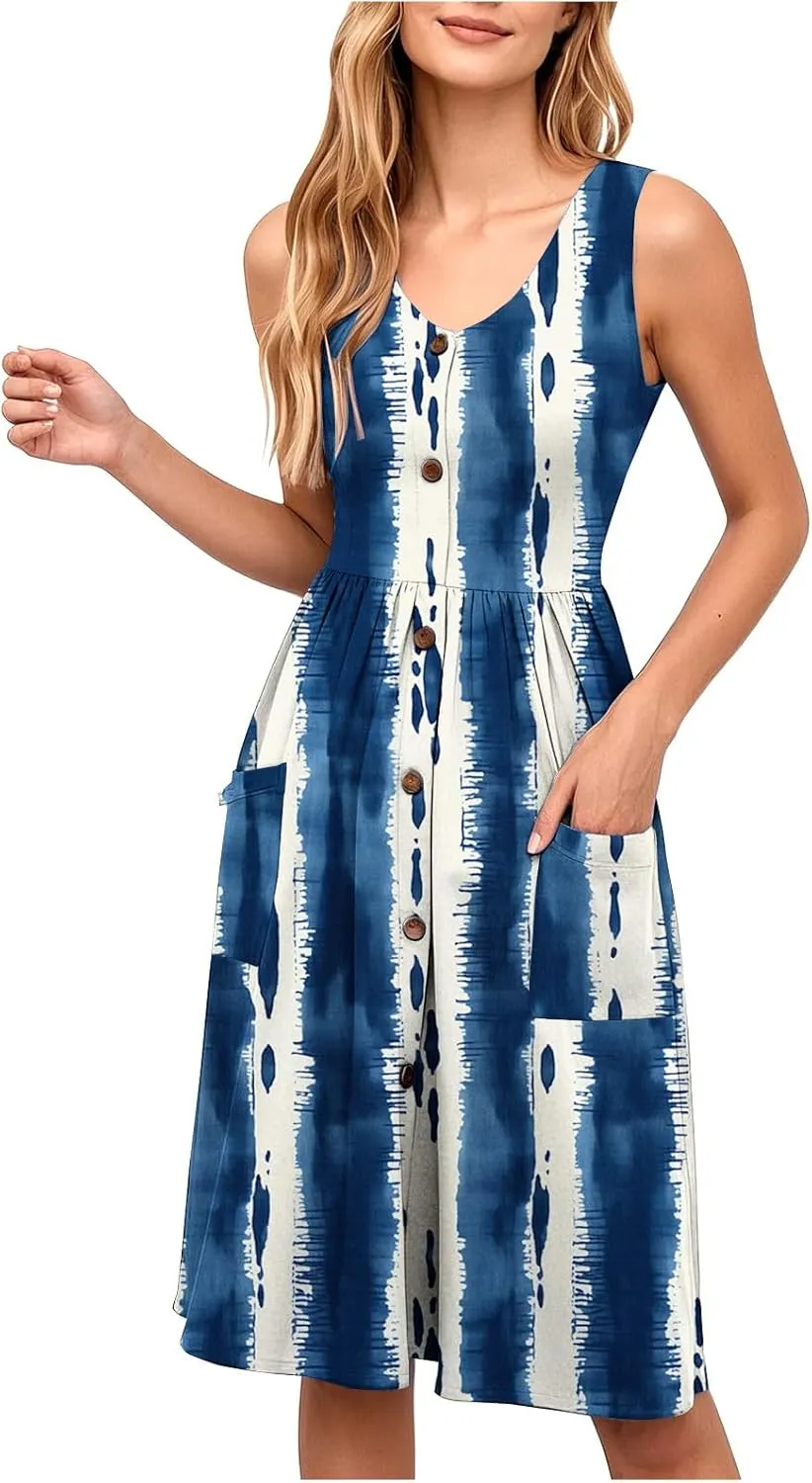 Summer Dress for Women Sleeveless Floral Beach Sundress Casual High Waist A-Line Midi Tank Dresses with Pockets