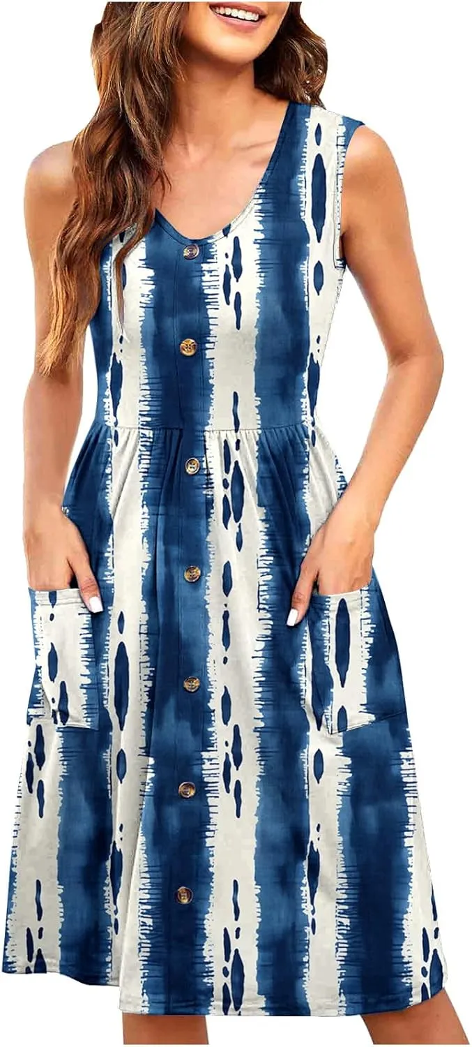 Summer Dress for Women Sleeveless Floral Beach Sundress Casual High Waist A-Line Midi Tank Dresses with Pockets