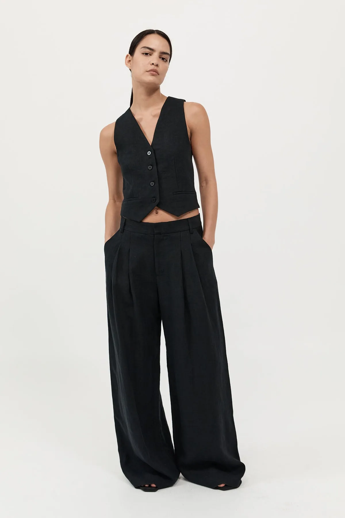 Tailored Linen Vest - Black