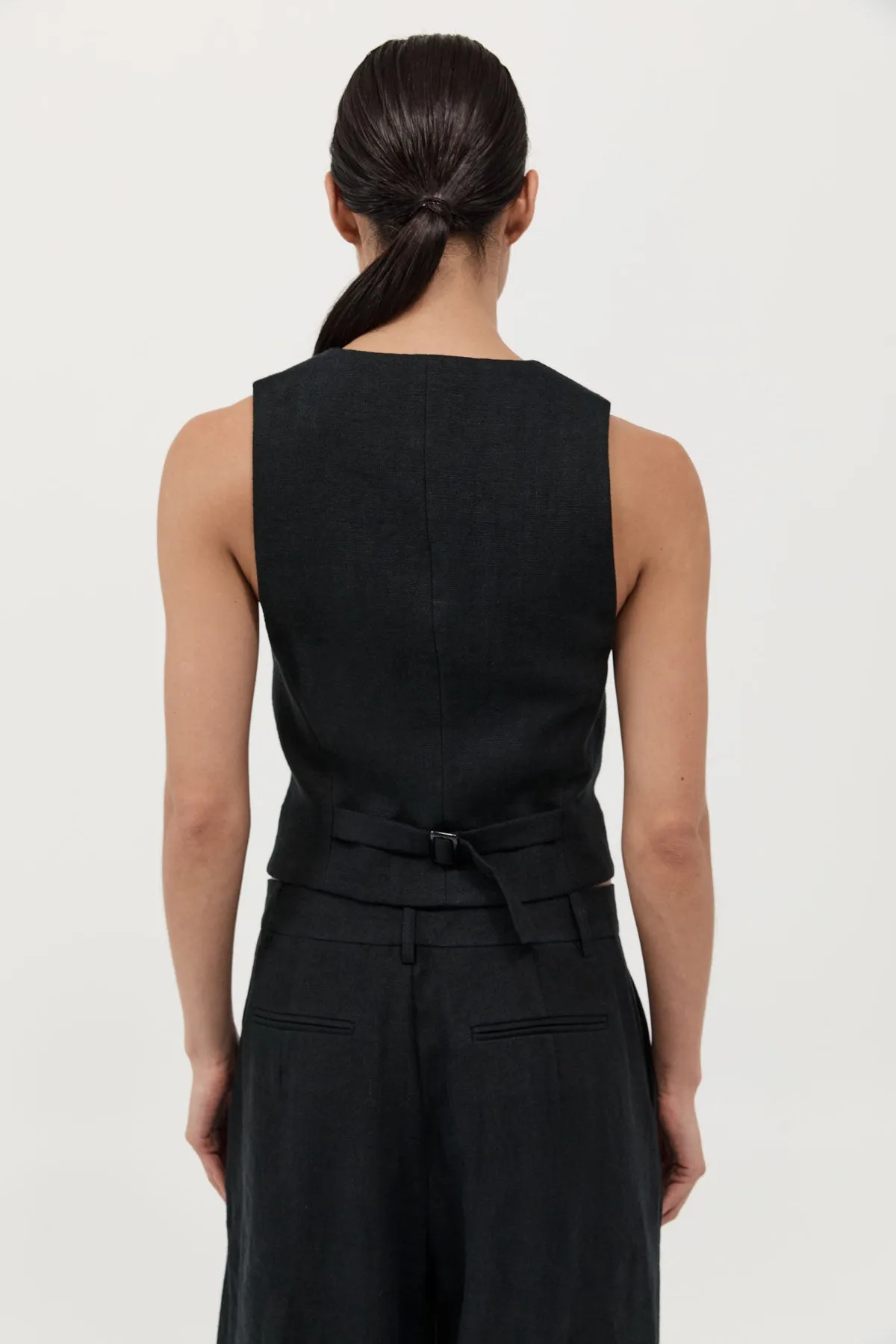 Tailored Linen Vest - Black