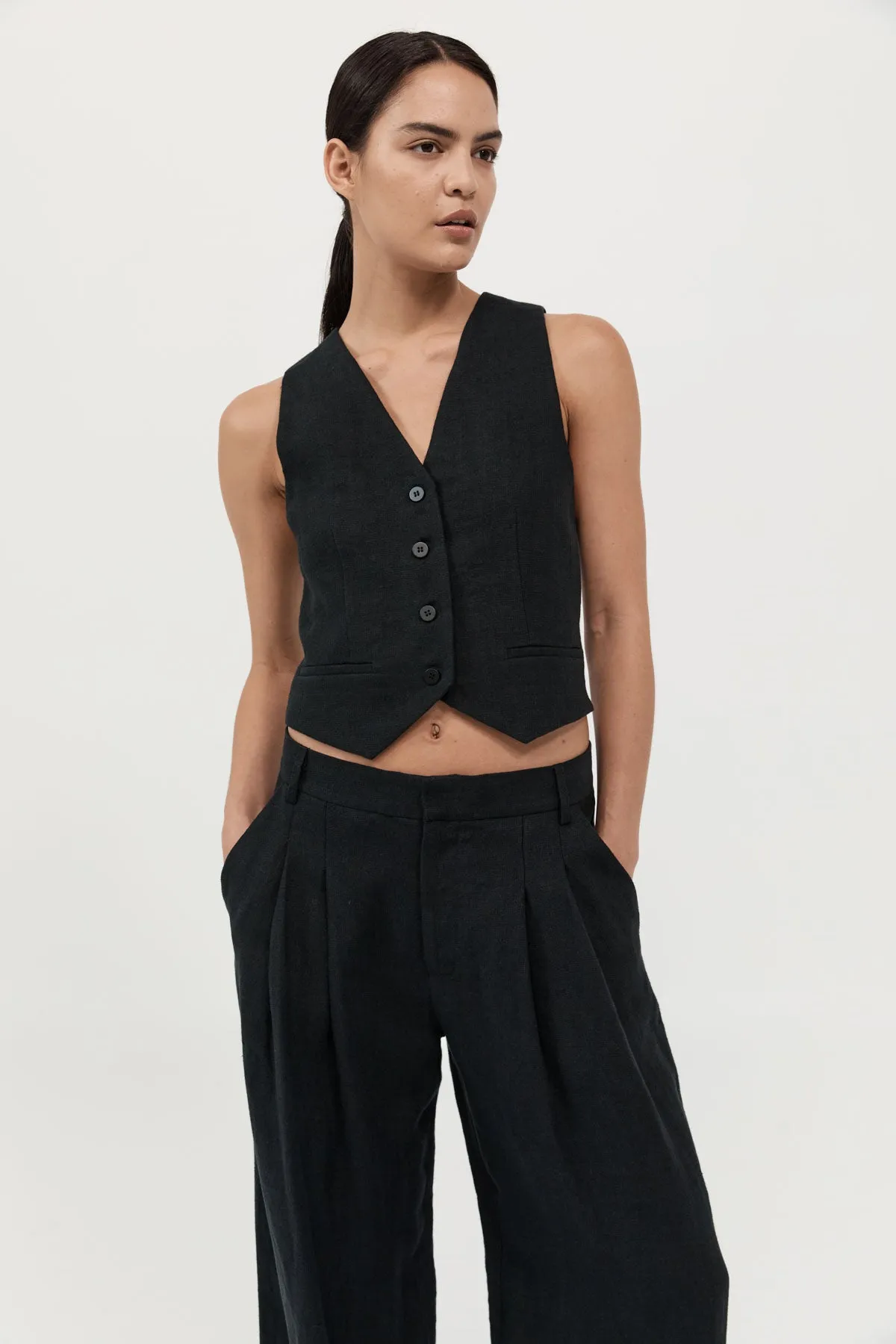 Tailored Linen Vest - Black