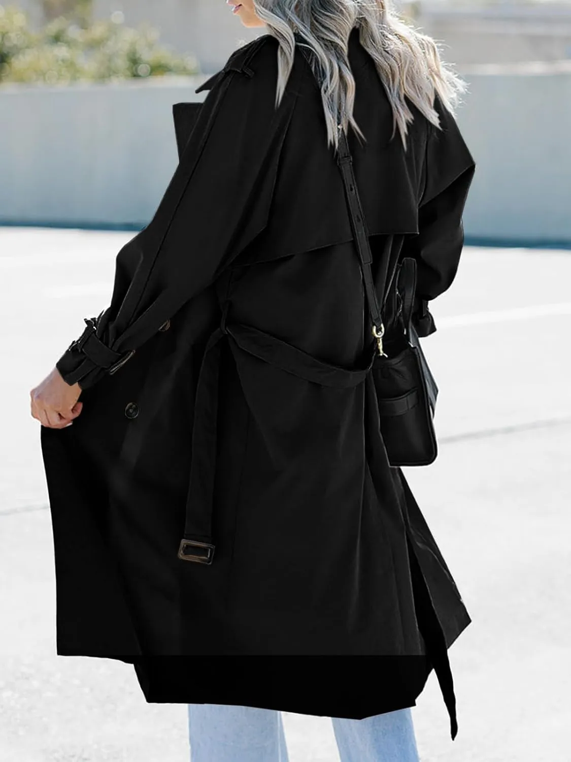Tankaneo Women's Long Trench Coat Double Breasted Classic Lapel Oversized Windproof Overcoat Outerwear with Belt