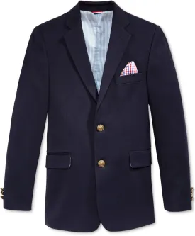 Tommy Hilfiger Boys' Bi-Stretch Alexander Blazer, Single Breasted with Pocket Square, Solid Color with Flag Print Lining