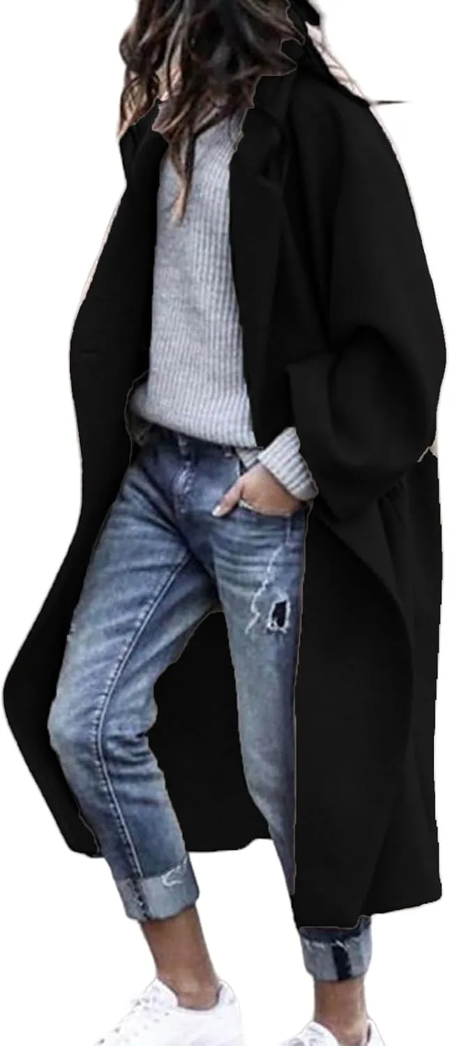 Trench Coat Women Notched Collar Wool Blend Long Jacket Oversized Long Sleeve Overcoat Button Pea Coat with Pockets