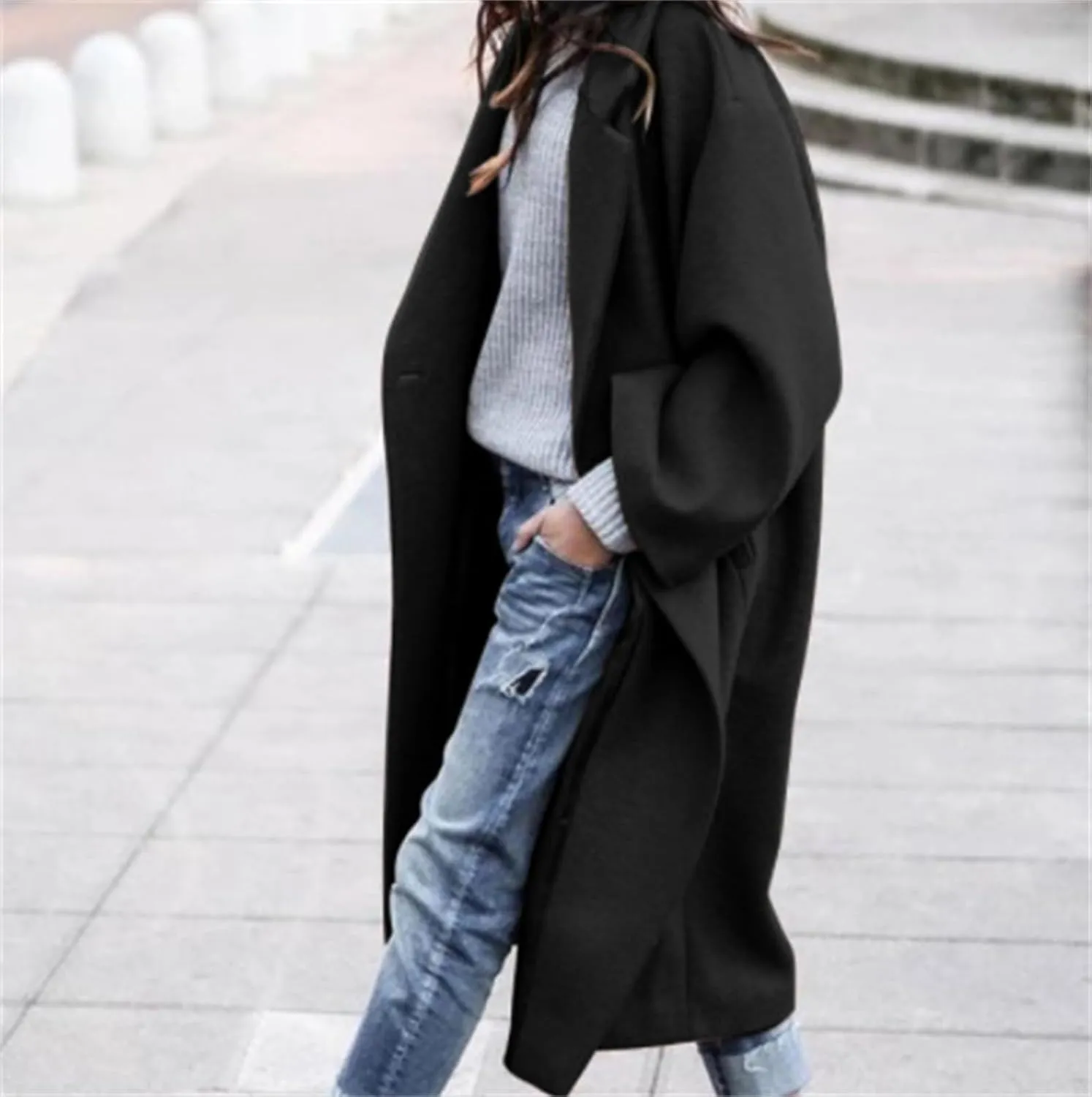 Trench Coat Women Notched Collar Wool Blend Long Jacket Oversized Long Sleeve Overcoat Button Pea Coat with Pockets