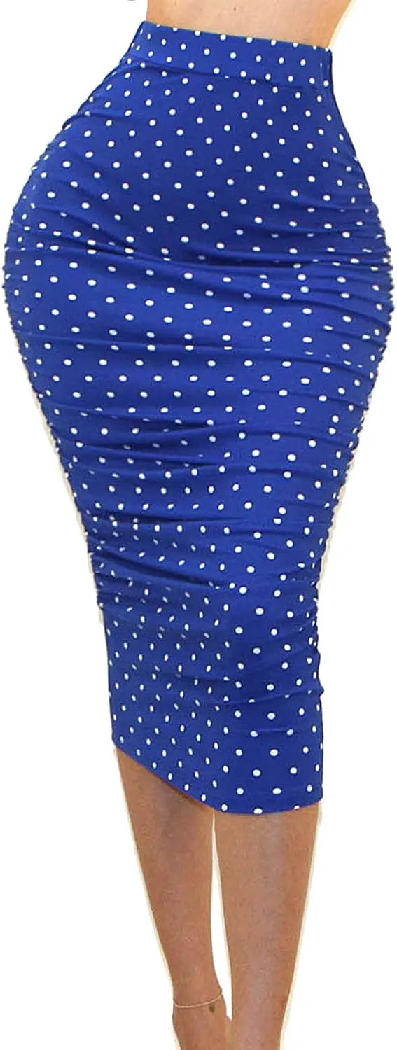 Vivicastle Women's USA Ruched Frill Ruffle High Waist Pencil Mid-Calf Skirt