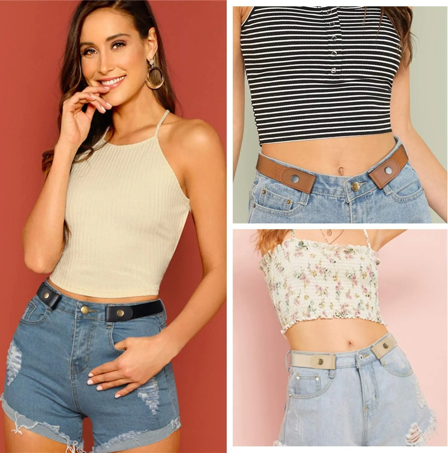 WHIPPY 3 Pieces 4 Pieces Buckle Free Adjustable Women Belt, No Buckle Invisible Elastic Belt for Jeans Pants