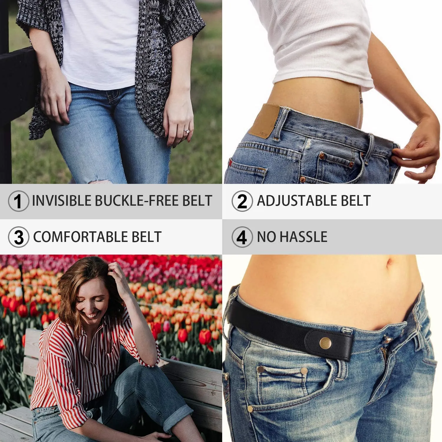WHIPPY 3 Pieces 4 Pieces Buckle Free Adjustable Women Belt, No Buckle Invisible Elastic Belt for Jeans Pants
