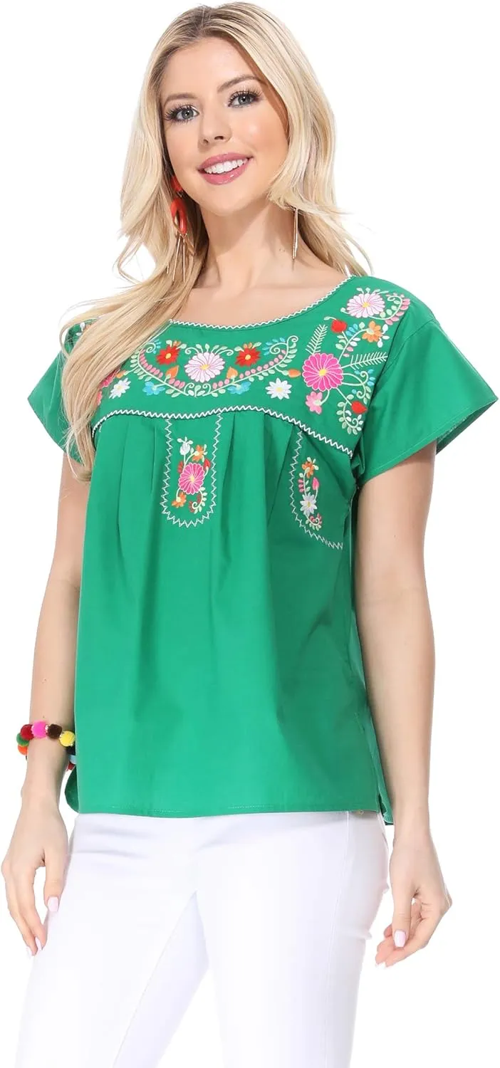 Women Traditional Puebla Mexican Embroidered Blouse