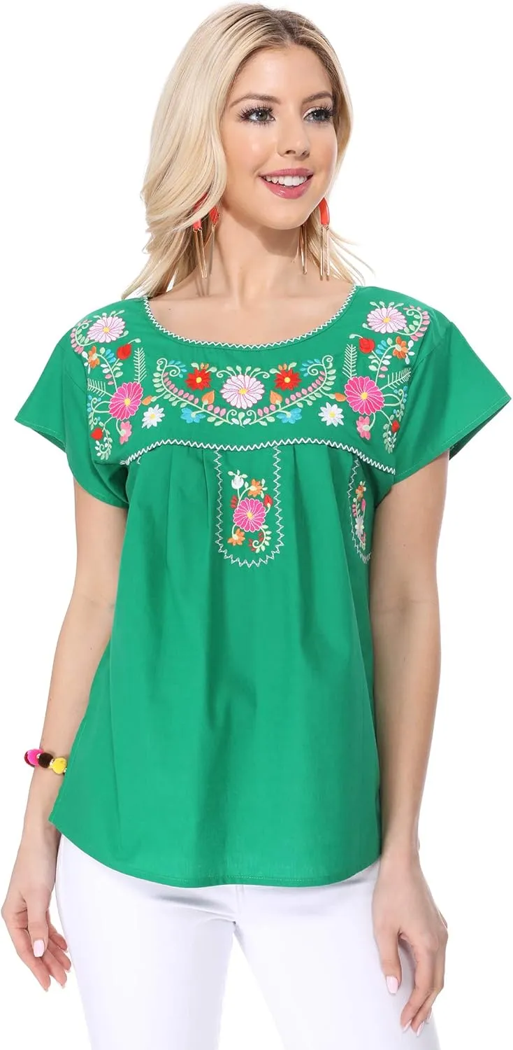 Women Traditional Puebla Mexican Embroidered Blouse