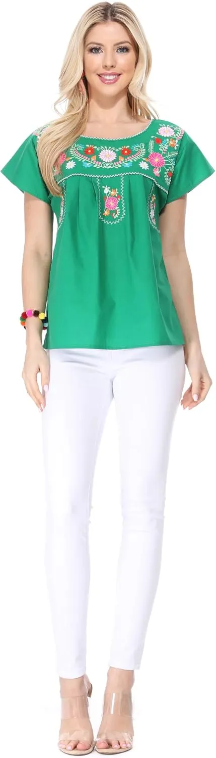Women Traditional Puebla Mexican Embroidered Blouse