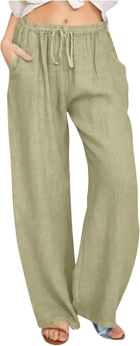 Women's Casual Cotton Linen Pants Solid Drawstring Waist Long Pants Loose Comfy Lightweight Trousers with Pockets
