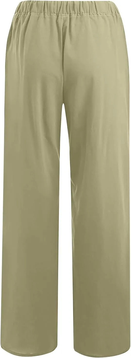 Women's Casual Cotton Linen Pants Solid Drawstring Waist Long Pants Loose Comfy Lightweight Trousers with Pockets