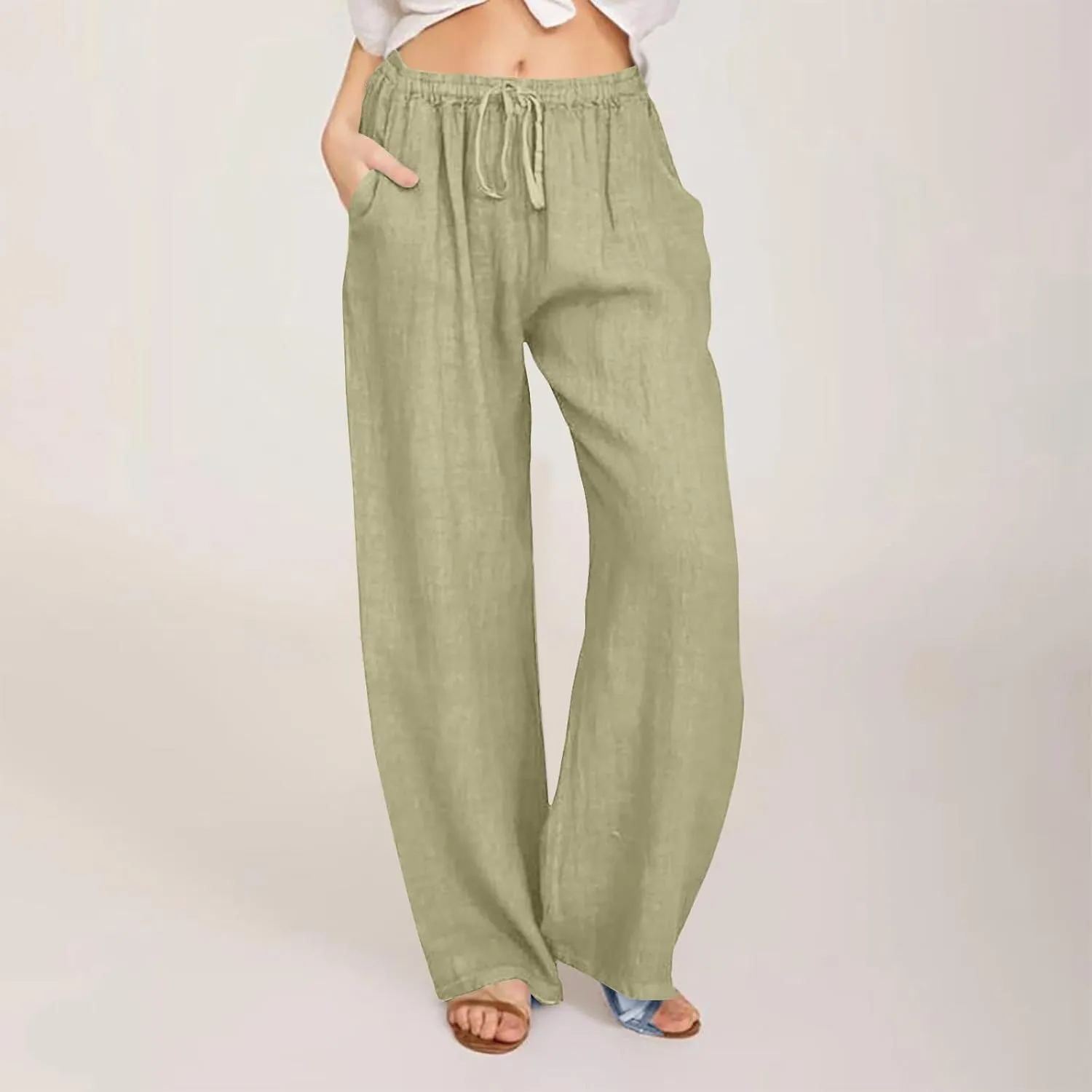 Women's Casual Cotton Linen Pants Solid Drawstring Waist Long Pants Loose Comfy Lightweight Trousers with Pockets