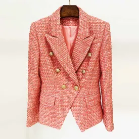 Womens Coral Jacket Gold Double Breasted Blazer Slim Fitting Tweed Coat