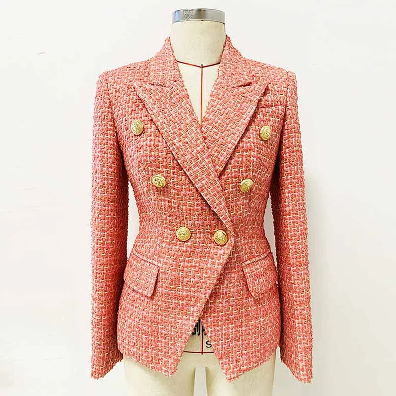 Womens Coral Jacket Gold Double Breasted Blazer Slim Fitting Tweed Coat