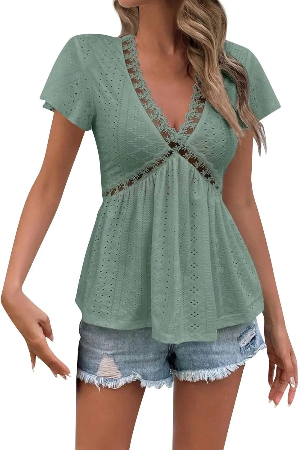 Women's Lace Trim V-Neck Short Sleeve Blouse Casual Summer Eyelet Top with Elegant Design for Daily Wear