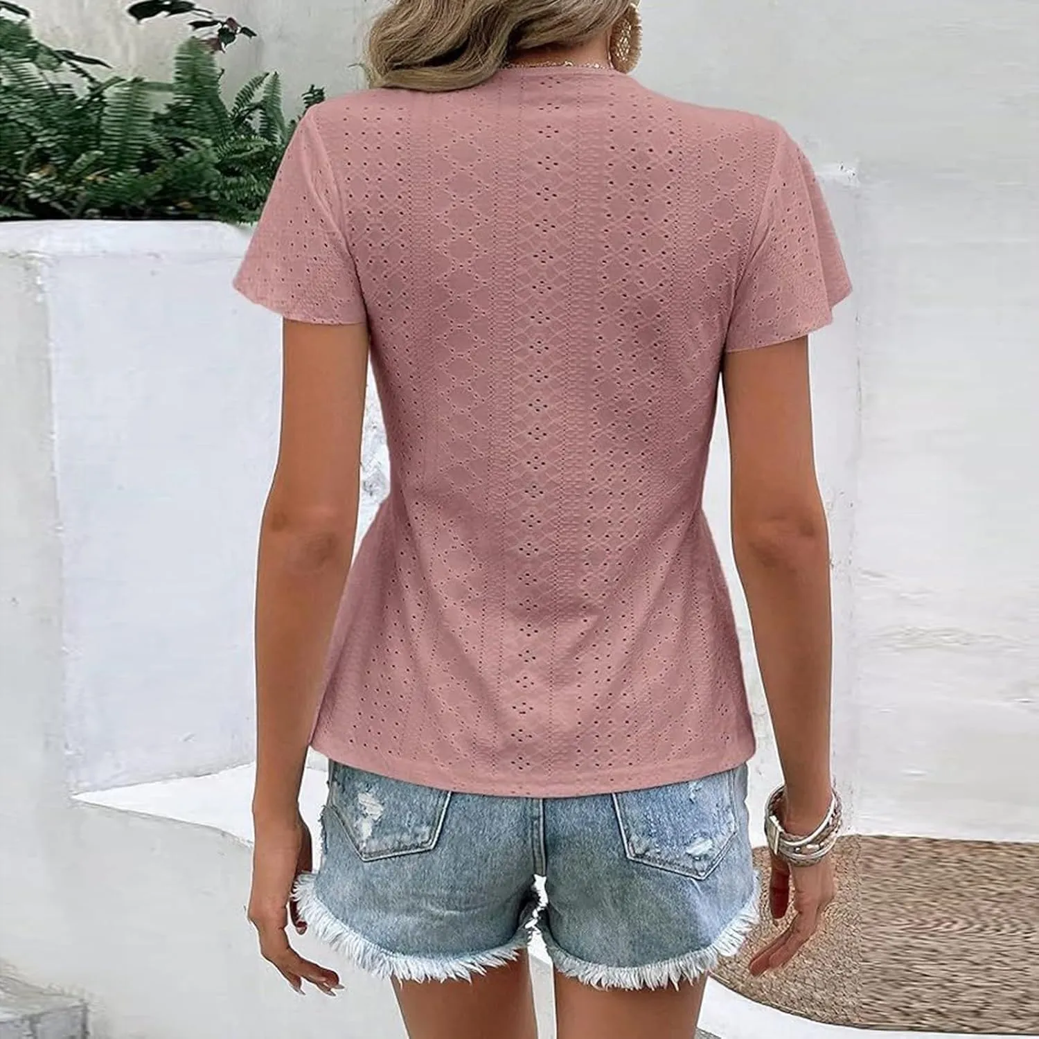 Women's Lace Trim V-Neck Short Sleeve Blouse Casual Summer Eyelet Top with Elegant Design for Daily Wear