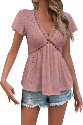 Women's Lace Trim V-Neck Short Sleeve Blouse Casual Summer Eyelet Top with Elegant Design for Daily Wear