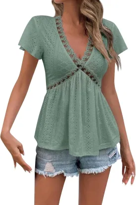 Women's Lace Trim V-Neck Short Sleeve Blouse Casual Summer Eyelet Top with Elegant Design for Daily Wear