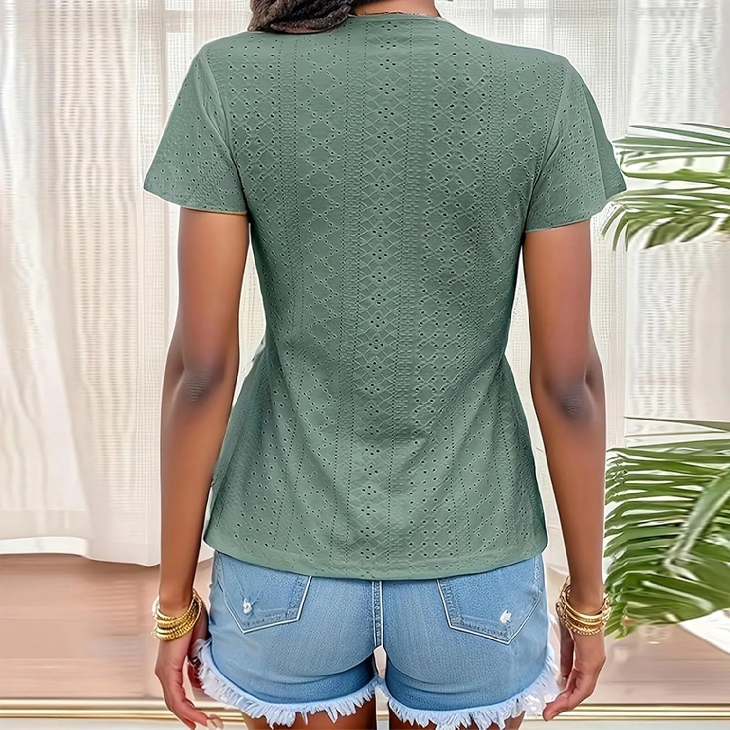 Women's Lace Trim V-Neck Short Sleeve Blouse Casual Summer Eyelet Top with Elegant Design for Daily Wear
