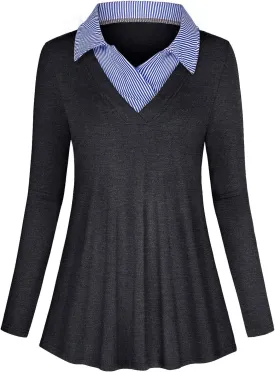 Women's Long Sleeve Contrast Collar Shirt A-line Pleated Office Tunic