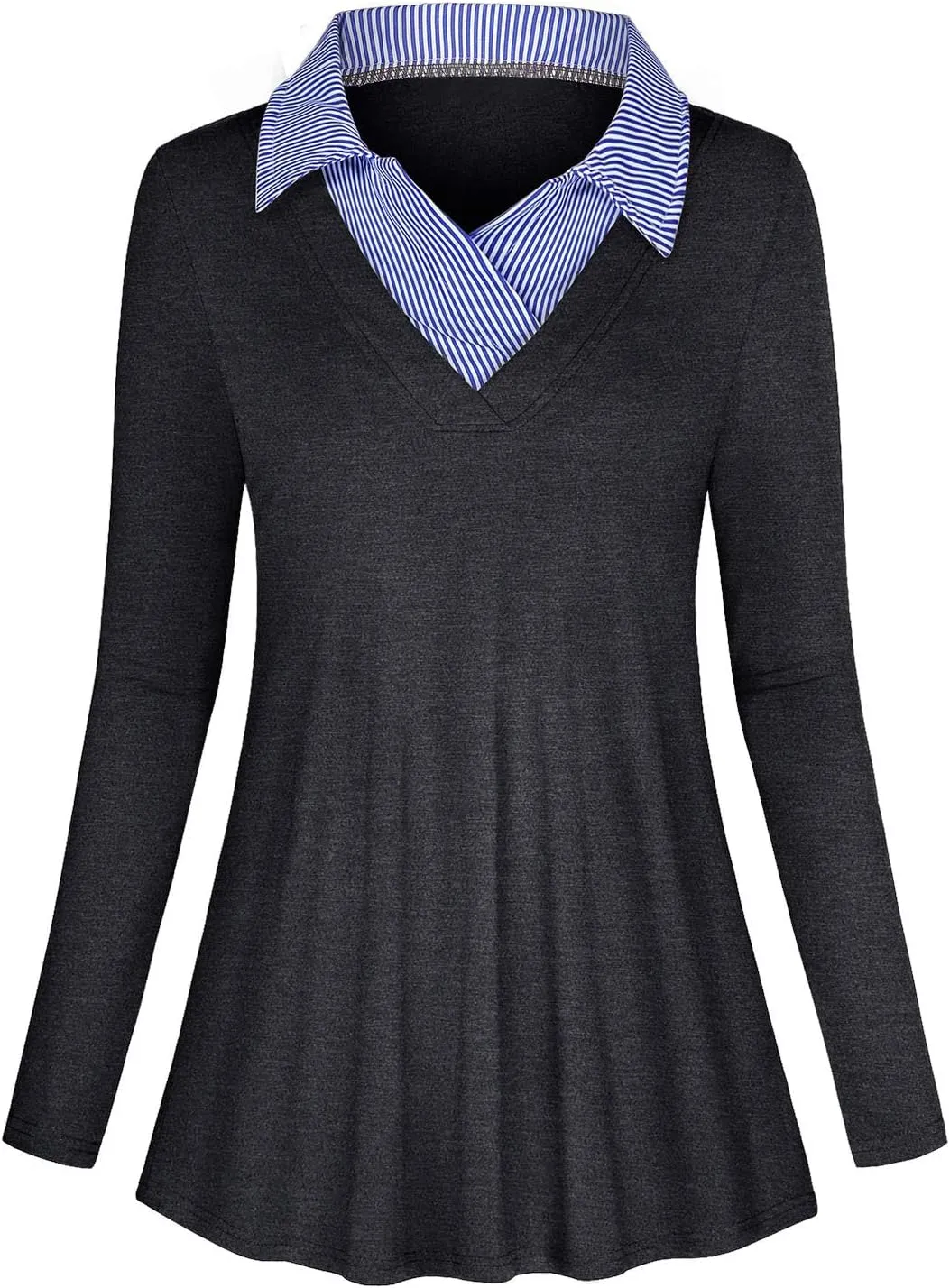 Women's Long Sleeve Contrast Collar Shirt A-line Pleated Office Tunic