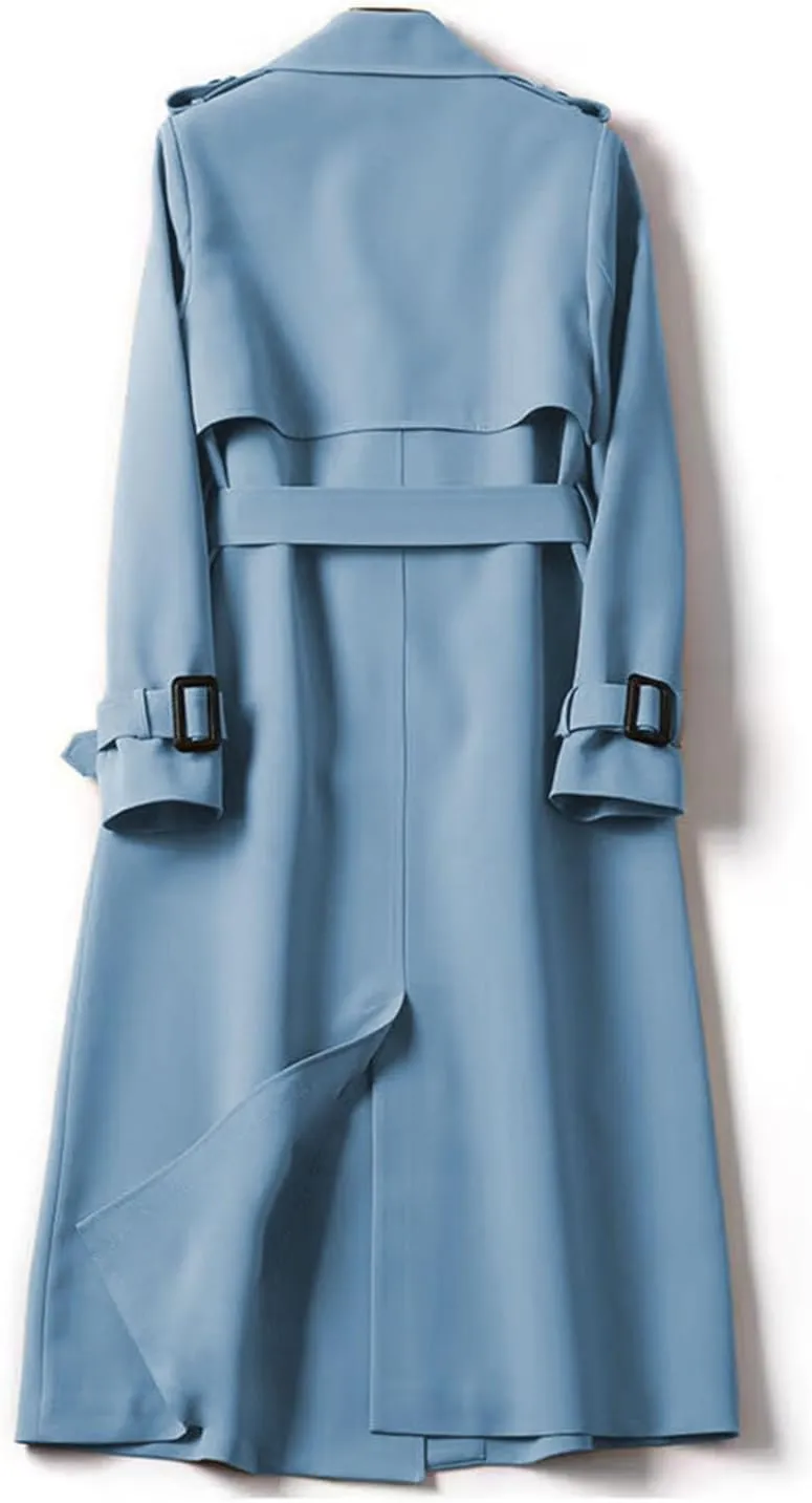 Womens Long Trench Coat Casual Slim Windbreaker Jacket Windproof Double Breasted Lapel Overcoat with Belt