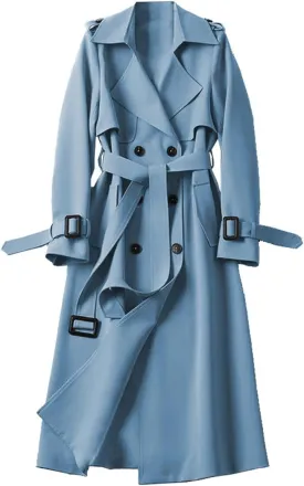 Womens Long Trench Coat Casual Slim Windbreaker Jacket Windproof Double Breasted Lapel Overcoat with Belt