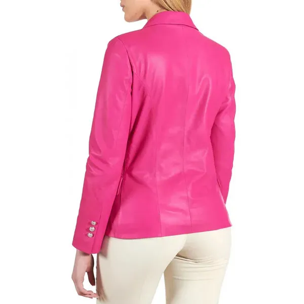 Women's Pink Double Breasted Leather Coat