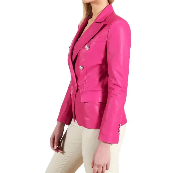 Women's Pink Double Breasted Leather Coat