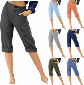 Women's Summer Capri Pants 2025 Cotton Linen Straight Leg Cropped Trousers High Waist Casual Pant with Pockets