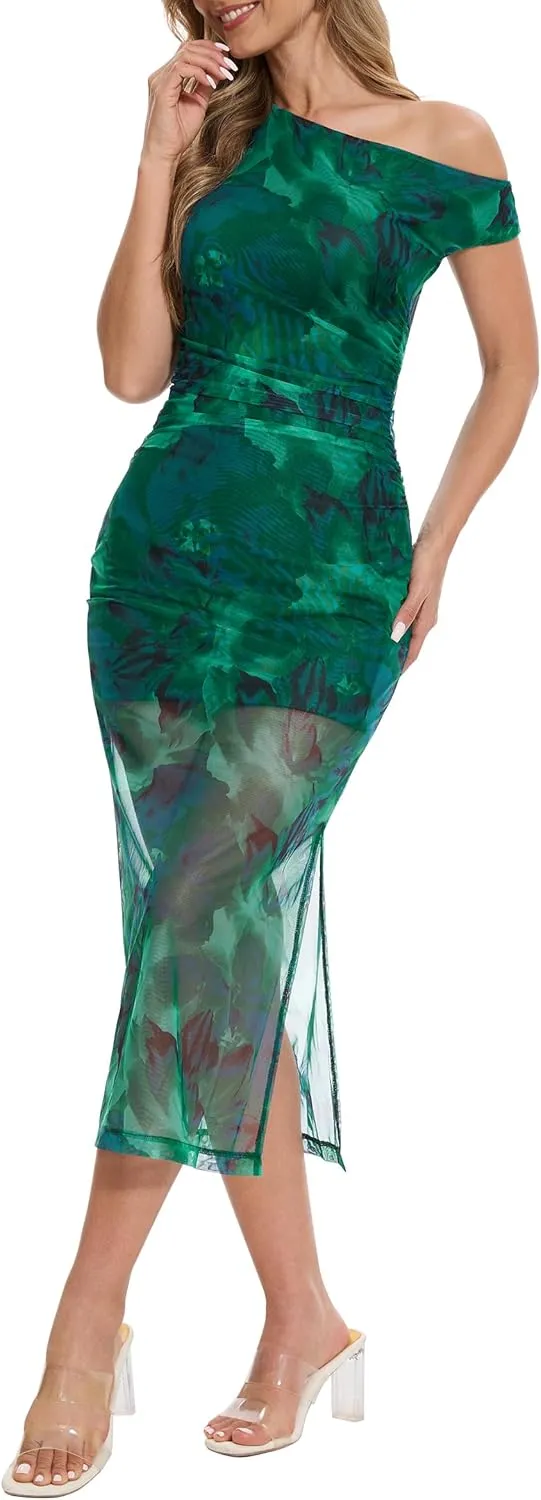 Women's Summer One Off Shoulder Long Midi Dresses Wedding Guest Floral Ruched Mesh Dress Cocktail Party 2025