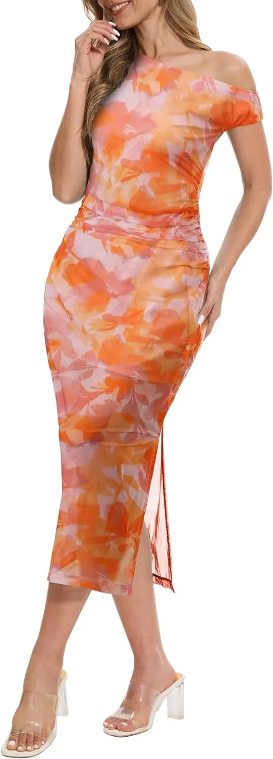 Women's Summer One Off Shoulder Long Midi Dresses Wedding Guest Floral Ruched Mesh Dress Cocktail Party 2025
