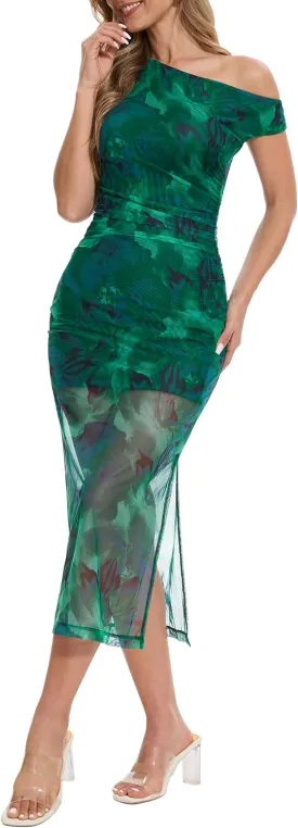 Women's Summer One Off Shoulder Long Midi Dresses Wedding Guest Floral Ruched Mesh Dress Cocktail Party 2025