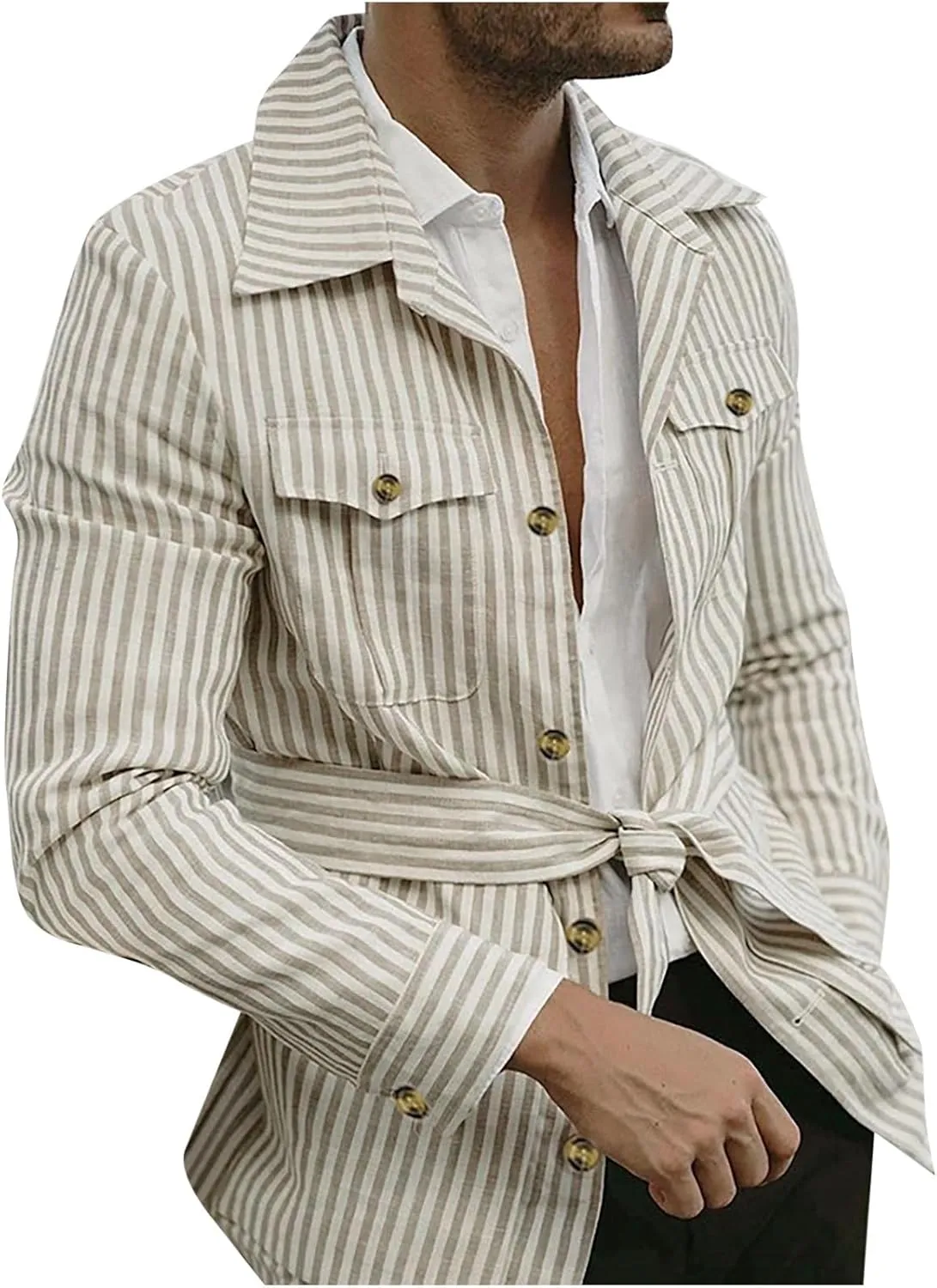 Xiaojmake Safari Jacket Men Belted Long Sleeve Button Down Corduroy Shirt Jacket Striped Midi-Length Cotton Coat with Pockets