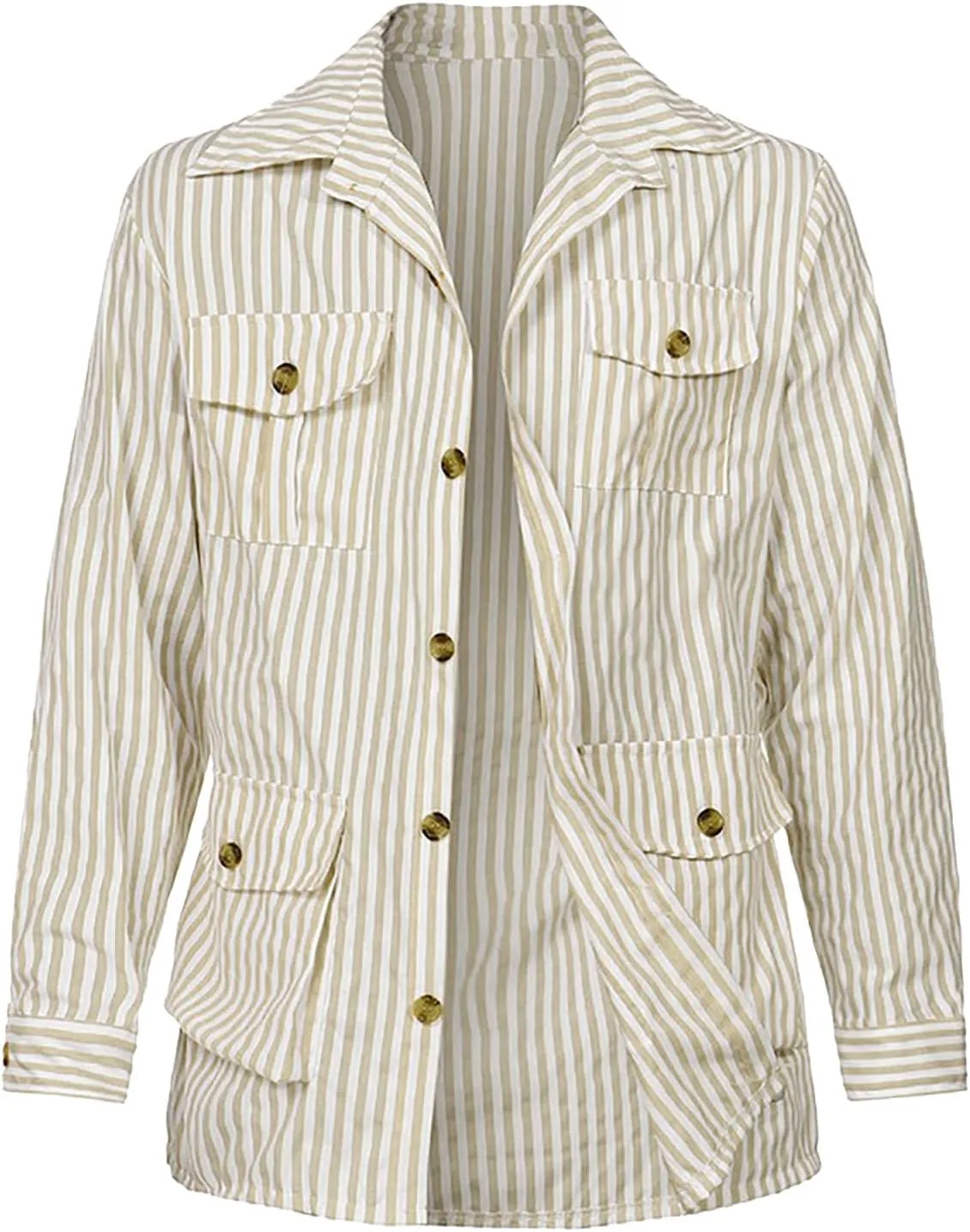 Xiaojmake Safari Jacket Men Belted Long Sleeve Button Down Corduroy Shirt Jacket Striped Midi-Length Cotton Coat with Pockets