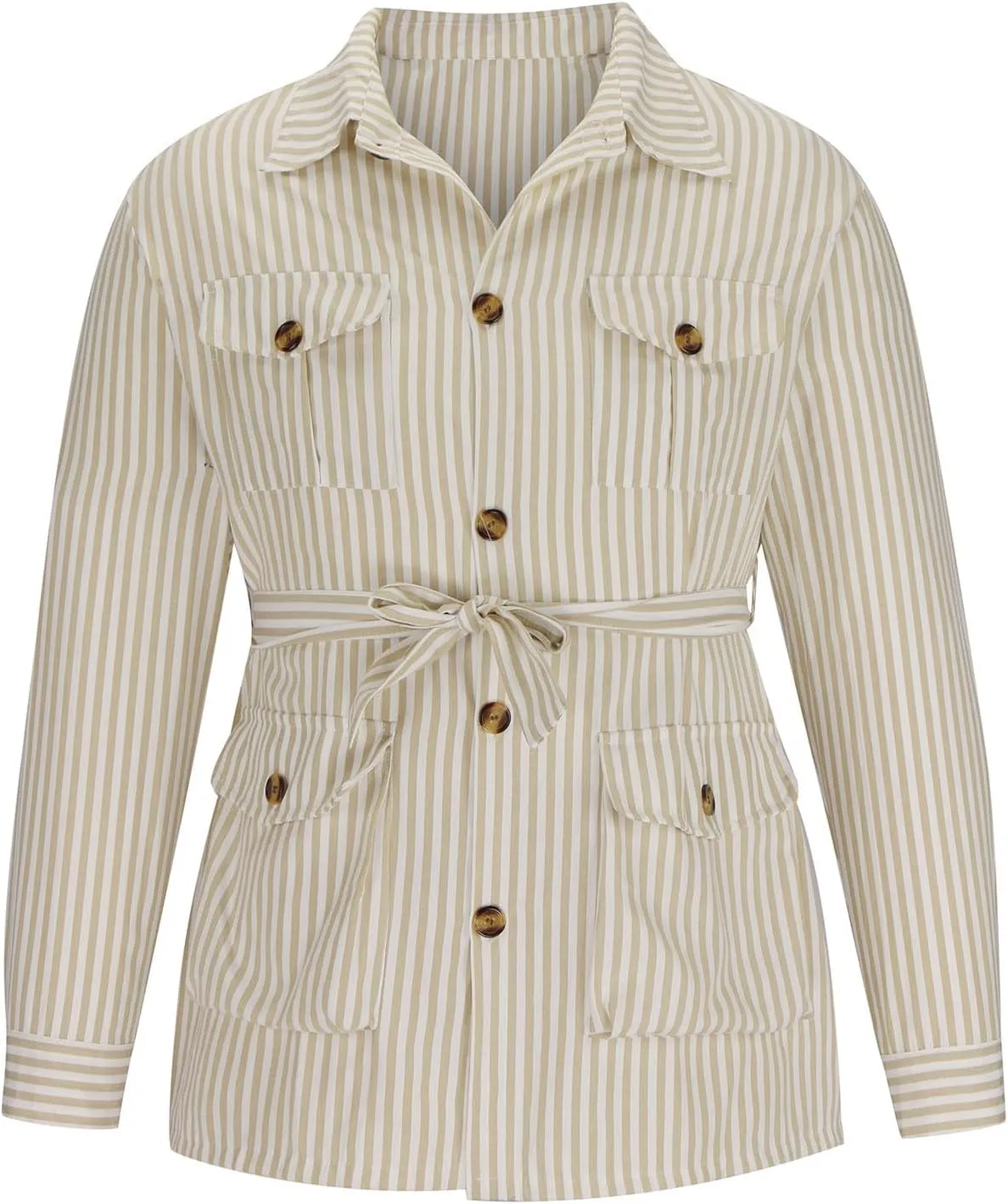 Xiaojmake Safari Jacket Men Belted Long Sleeve Button Down Corduroy Shirt Jacket Striped Midi-Length Cotton Coat with Pockets