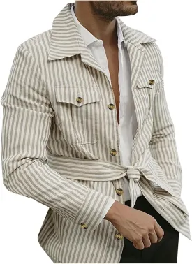 Xiaojmake Safari Jacket Men Belted Long Sleeve Button Down Corduroy Shirt Jacket Striped Midi-Length Cotton Coat with Pockets