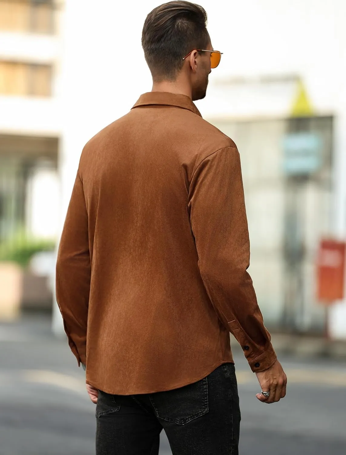 ZAFUL Men's Faux Suede Button Down Shirts Jacket Lightweight Shirt Jacket Long Sleeve Work Coat Solid Color Overshirt